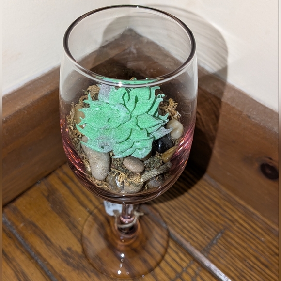 Wine Glass Terrarium With Faux Succulent and Stones - Picture 3 of 3